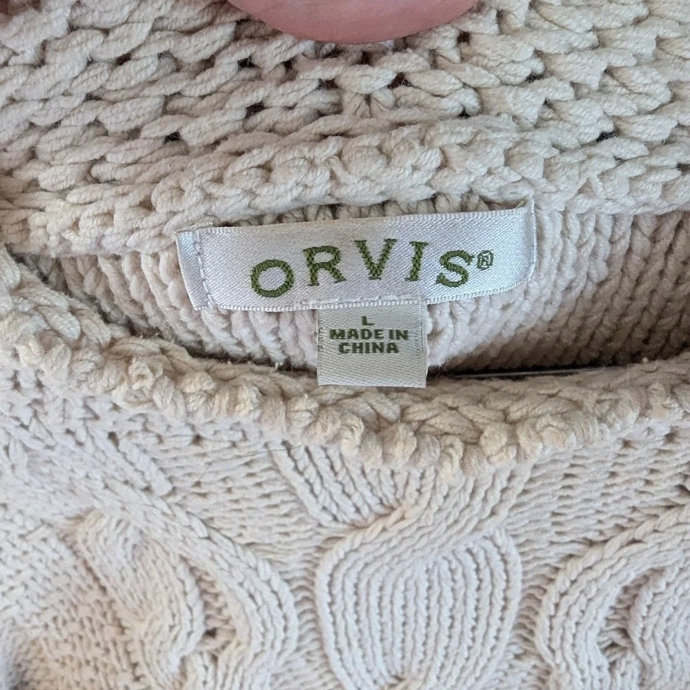 Orvis Chunky Cable Neck Cream Cowl Neck Sweater Size Large